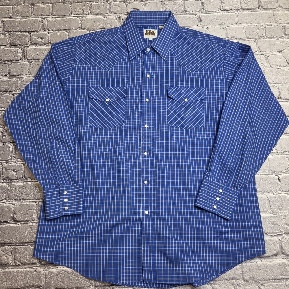 Ely Cattleman Shirt Mens Xlarge Blue Plaid Pearl Snap Long Sleeve Western